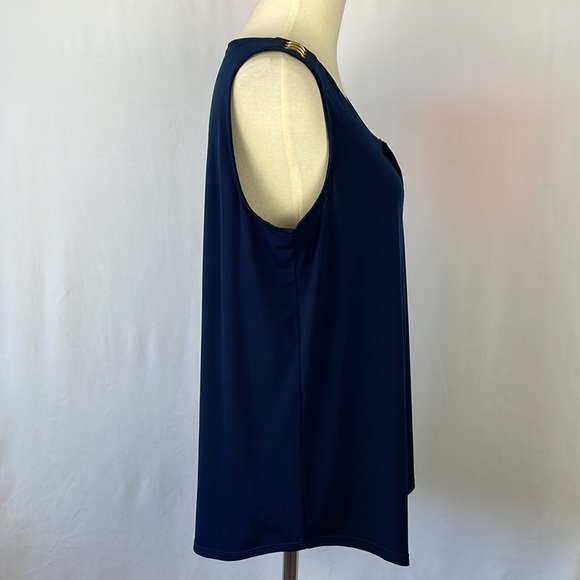 Ellen Tracy Navy Blue Pleated Sleeveless Blouse w/Gold Shoulder Hardware -Medium - Picture 8 of 13